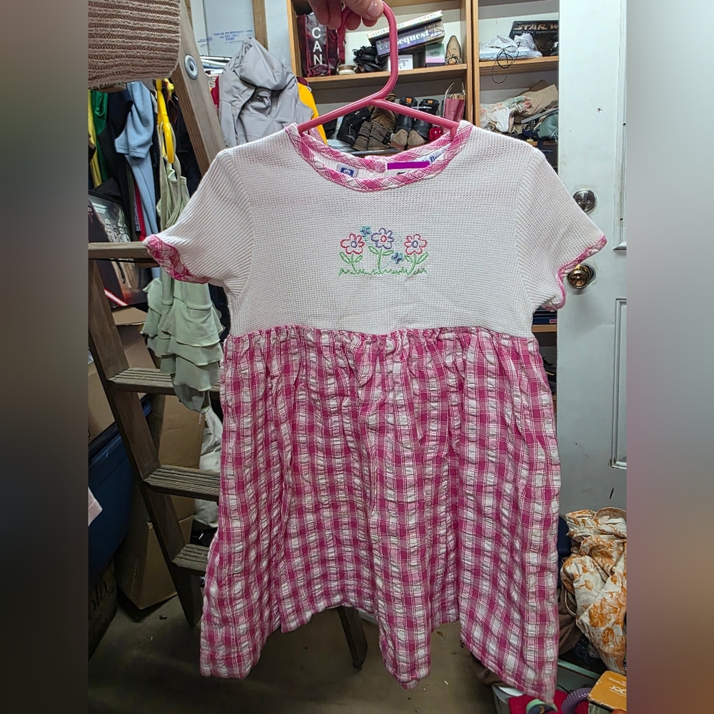 Charming Pink Checkered Kids Dress with Floral Embroidery